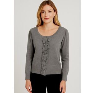 Van Heusen Studio Gray Ruffle‎ Front Cardigan Cotton Blend M Cottagecore 91-07